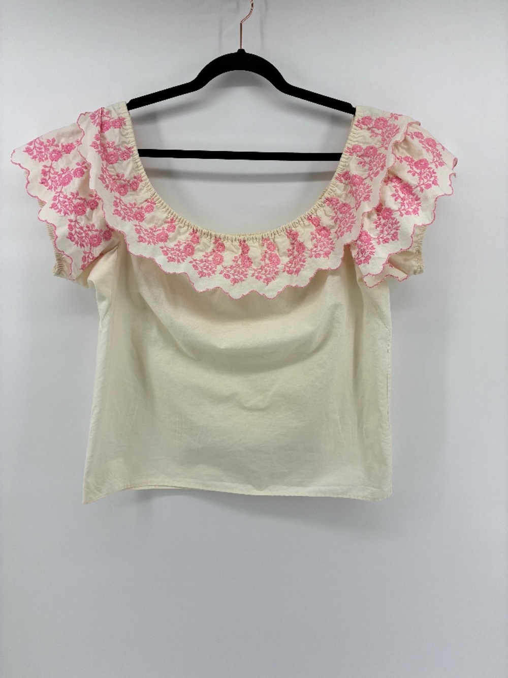Vintage White Cream Women's Off-Shoulder Top with Pink Floral Embroidery